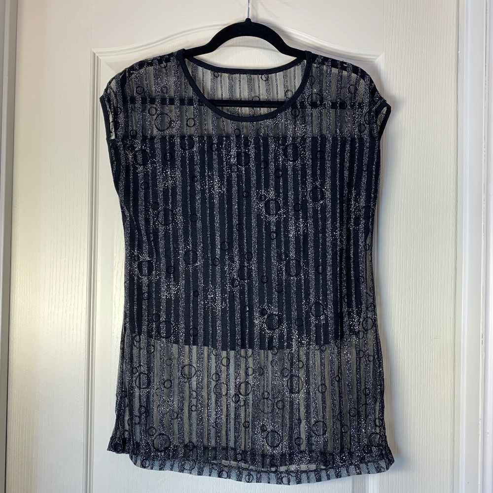 Sheer Black & Silver Metallic Circle Stripe Party Top โ Festive Meshโ Blouse M